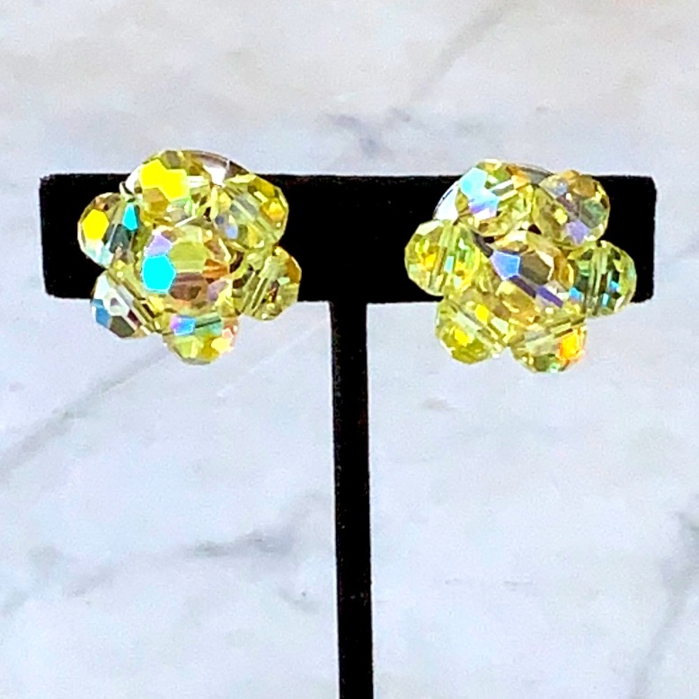 LAGUNA EARRINGS CLIP YELLOW AURORA BOREALIS CRYSTAL FLOWER (UNMARKED) 1 INCH